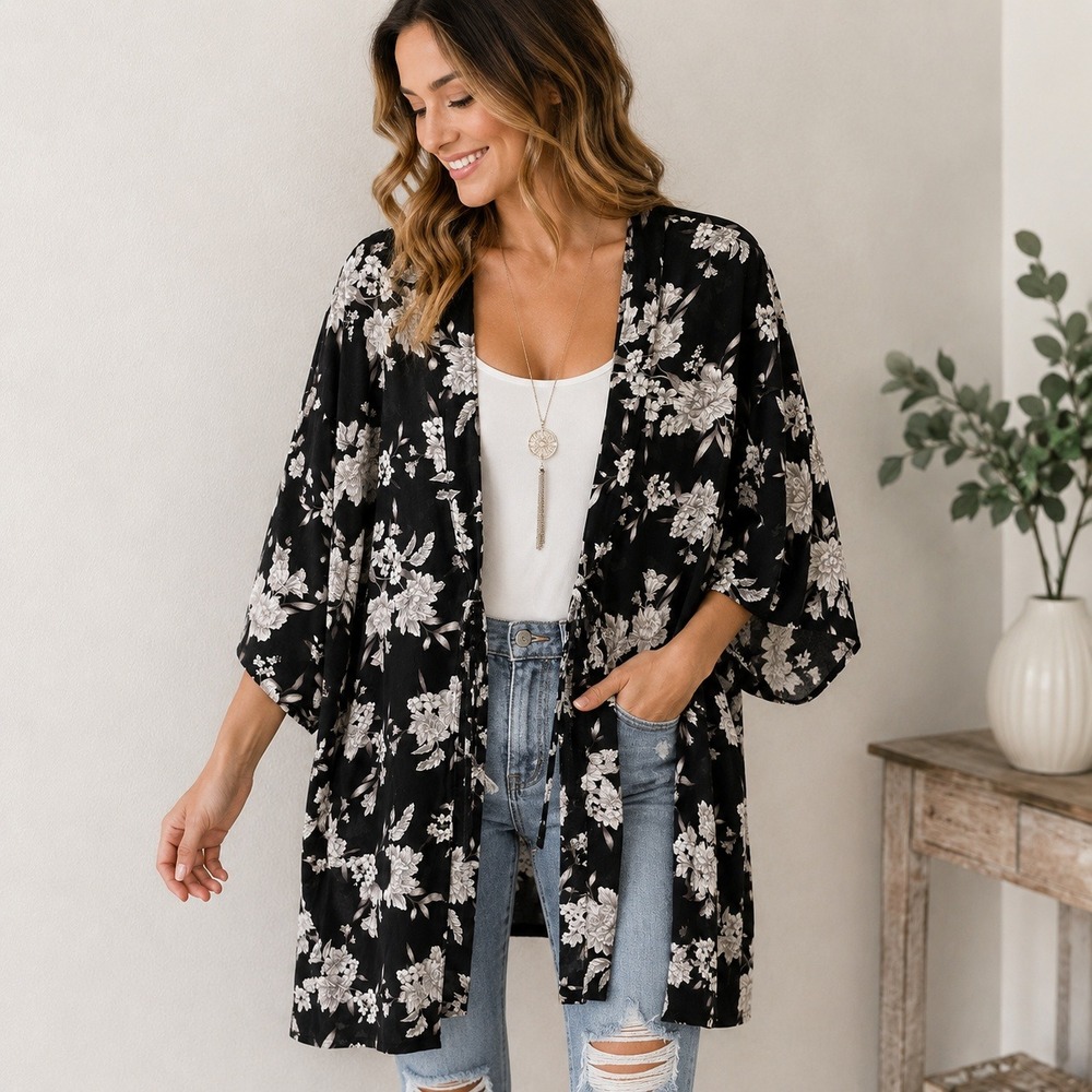 SPIRITUAL GANGSTER Kimono Floral Boho Wrap Women OS Black White Yoga Coverup